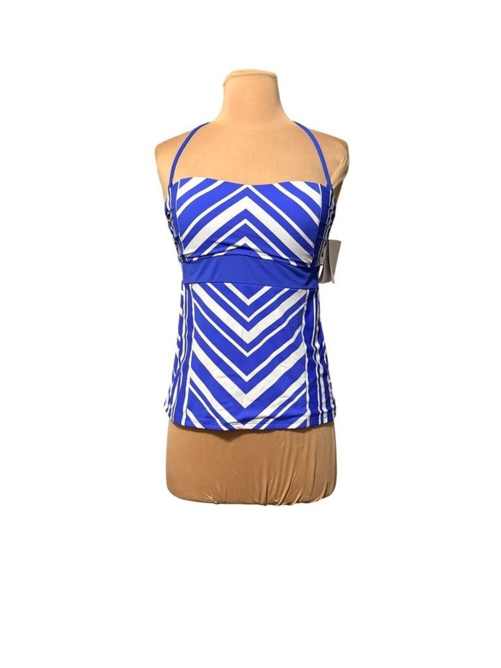 NWT La Blanca Tankini Swim Top 6 Blue White Chevron Halter Beach Pool Cruise NEW